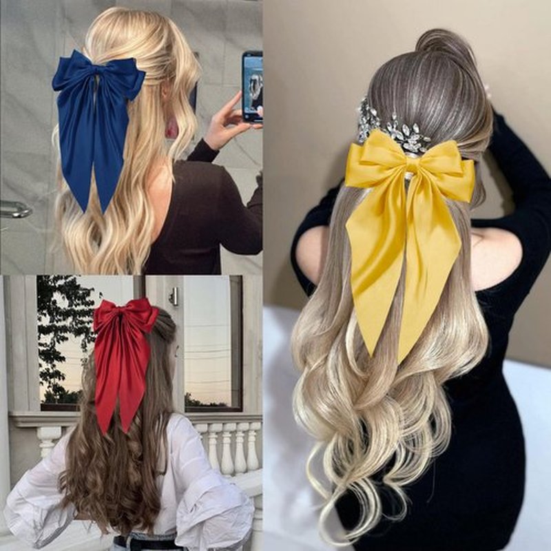 Hair Bows for Women Girls Silky Satin Big Bows Hair Barrettes Oversized Hair Accessories Long Tail Hair Ribbons -3Pcs -Sapphire Blue Yellow Red