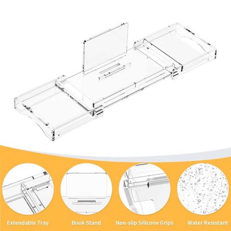 Bathtub Tray Caddy Table for Tub - Rulyyo Tub Tray Bath Caddy Tray for Bathtub, Clear 18-32.5 Inch Expandable Over The Tub Bath Tray for Bathtub, Waterproof Bathtub Caddy Tray for Luxury Bath