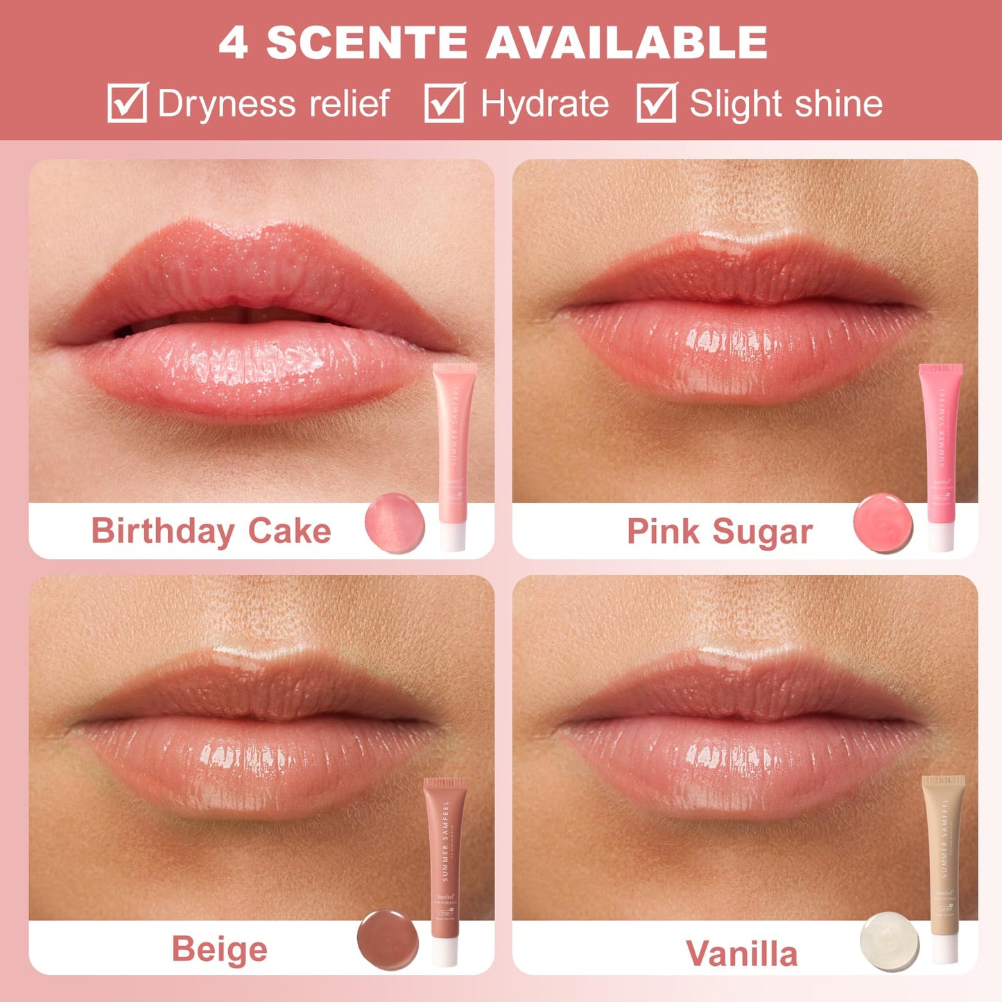 4 Pack Summer Samfeel Lip Balm Tinted Lip Butter Balm Gift Set -Conditioning Vegan Lip Balm for Instant Moisture, Shine & Hydration - Lip Gloss Lip Care (Pink Sugar+Birthday Cake+Vanilla+Beige, 15g)