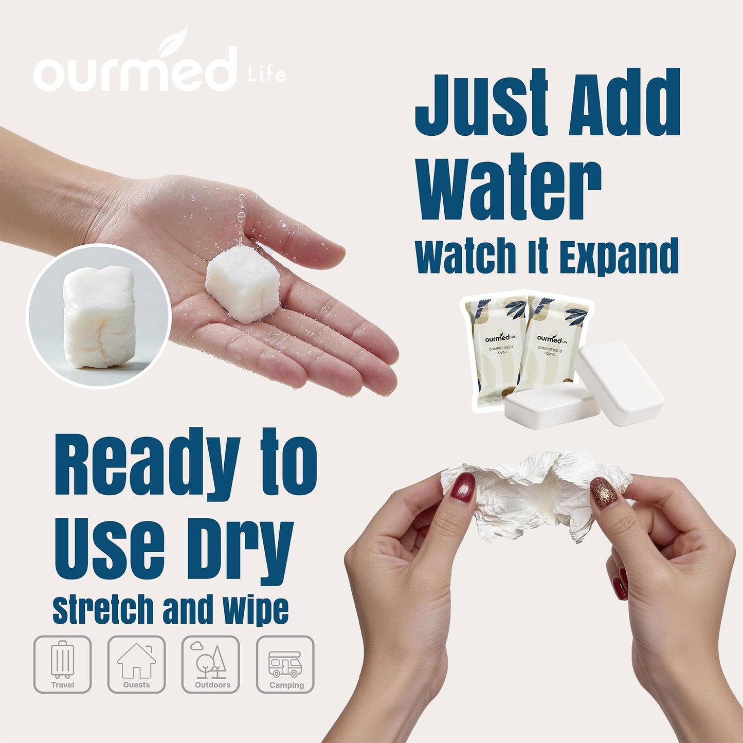 Ourmed Life Compressed Towel Tablets – Portable, Individually Wrapped Disposable Face Towels, Quickly Expand with Water, Soft & Lint-Free, 12‘’x10‘’ for Travel, Camping, Hiking, Backpacking (24 Count)