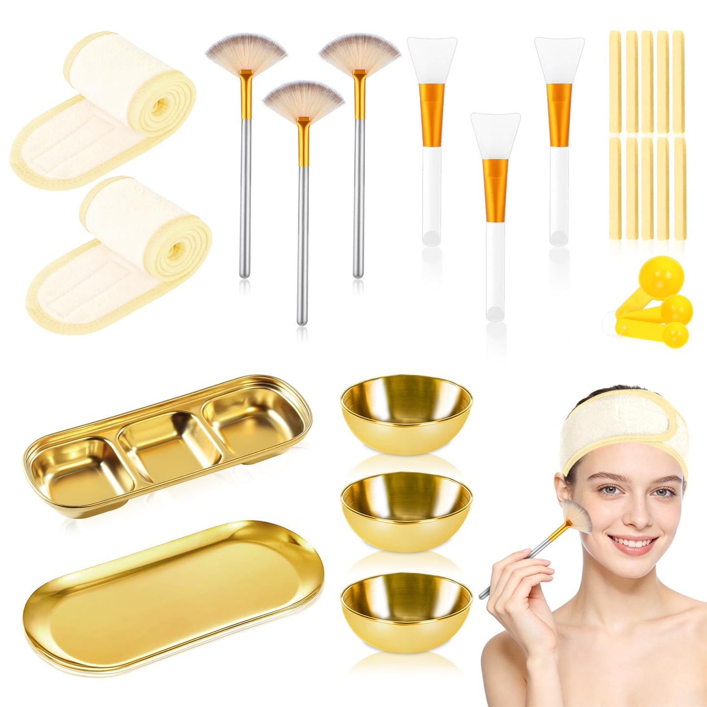 28 Gold Facial Supplies 3 Facial Mask Mixing Bowls 3 Facial Fan Brushes 3 Mask Applicator Brushes 3 Mask Measuring Spoons Skincare Tray 3-Compartment Serving Tray 12 Facial Sponges 2 Spa Headbands