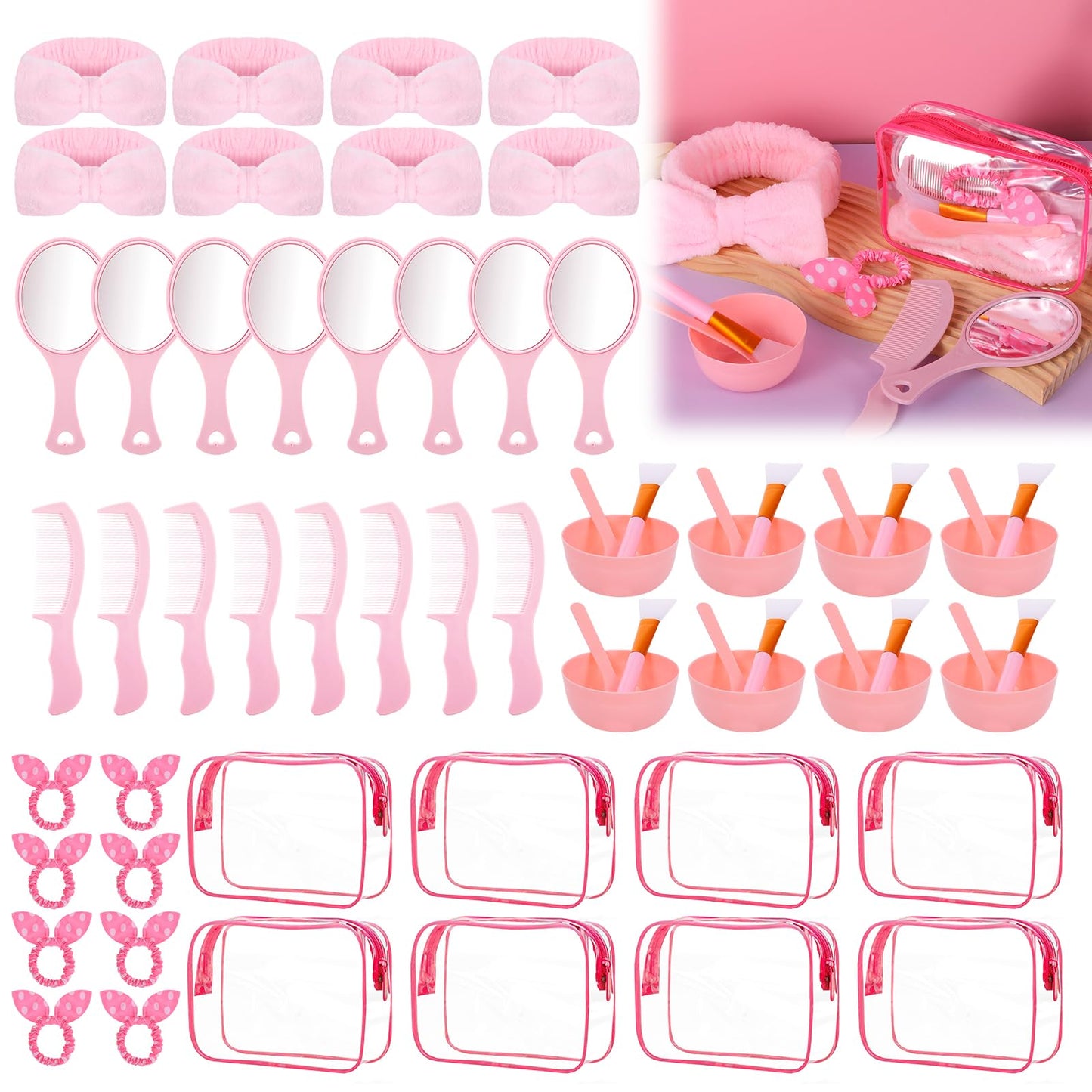 64 PCS Spa Sleepover Party Favor Supplies for Women Bulk, Include Pink Face Mask Mixing Bowl Sets, Handheld Mirrors, Combs, Headbands, Scrunchies, Cosmetic Bags for Slumber Party Supplies