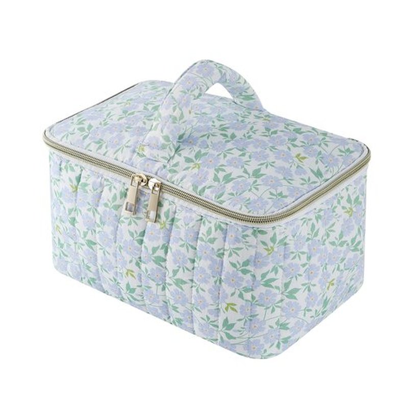 uekeboag Large Travel Quilted Makeup Bag for Women, Floral Cotton Cosmetic Bag, Coquette Aesthetic Floral Toiletry Organizer Bag(09Green Leaves