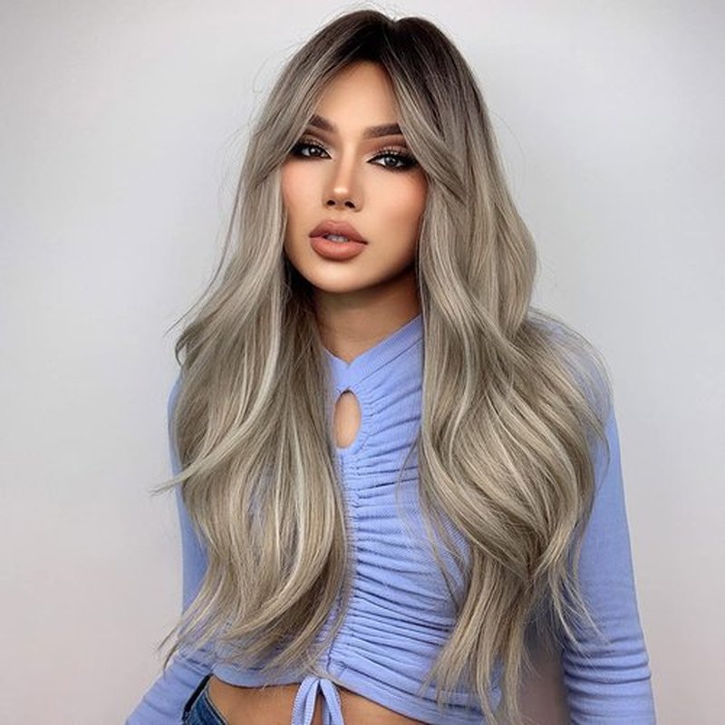 PATTNIUM Long Gray Blonde Wigs for Women Black Gray Wig Long Ombre Blonde Wigs with Bangs Cool Blonde Wigs Synthetic Wig with Wig Cap(Grey Blonde)
