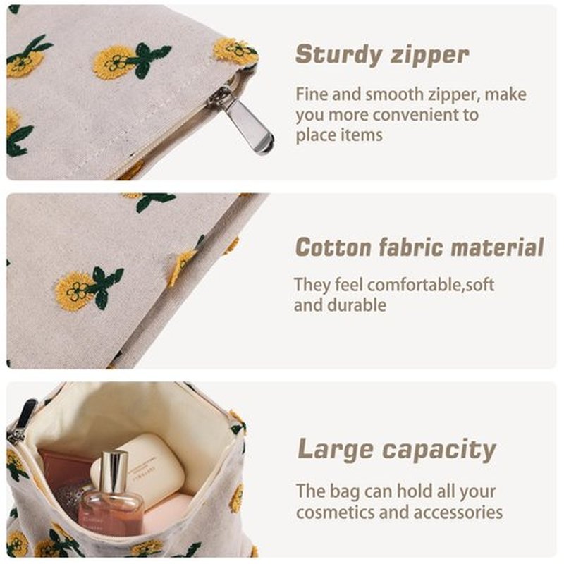 ZLFSRQ Daisy Flower Makeup Bag Travel Cute Floral Cosmetic Bags for Women Large Floral Embroidery Makeup Pouch Zipper Cosmetic Pouch for Purse Aesthetic Makeup Organizer Bag Portable Toiletry Bag