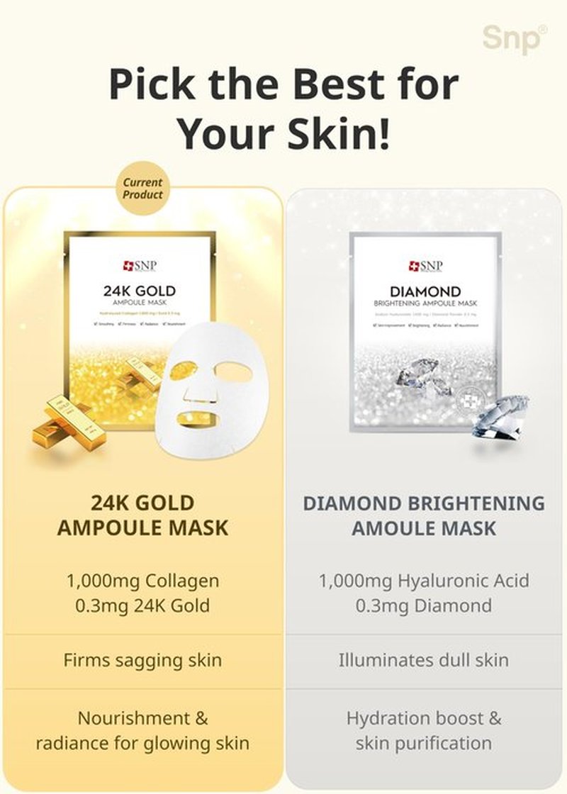 [K Beauty Snp] 24K Gold Ampoule Sheet Mask | Aging Prevention Face Mask | For Tightening, Hydrating, and Nourishing | Korean Skin Care | Overnight Face Masks | Moisturizing Sheet Mask | 10 Sheets