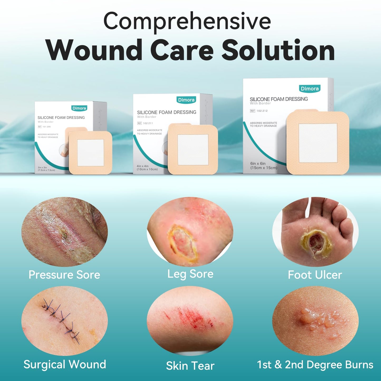 Dimora Silicone Foam Dressing 6"x 6"(10PCS), Silicone Foam Dressing with Border Adhesive 6"x6" Waterproof Wound Dressing Bandage for Wound Care 10 Pack
