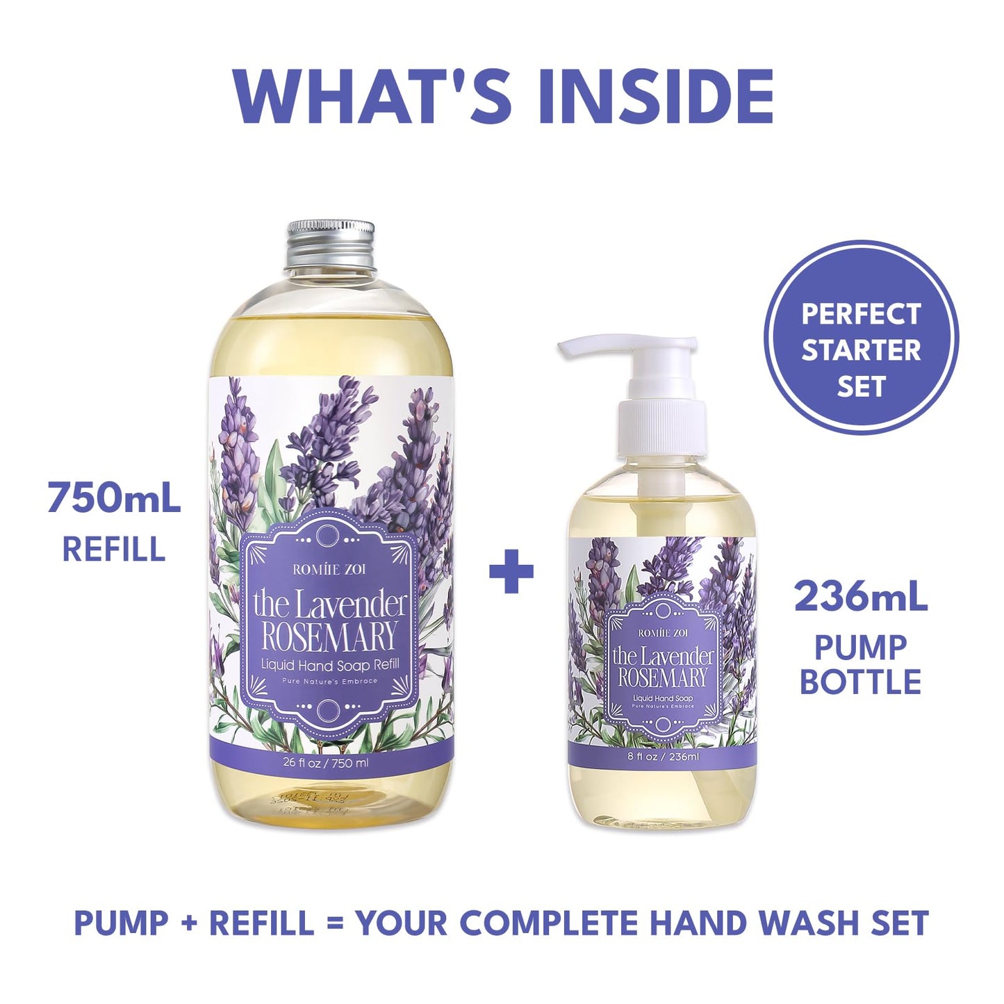 ROMIIE ZOI Liquid Hand Soap Gift Set, 750ml Refill+236ml Liquid Soap, Cruelty-Free, Moisturizing Formula with Essential Oils, For Sensitive Skin, Lavender Rosemary Scent, For Kitchen & Bathroom