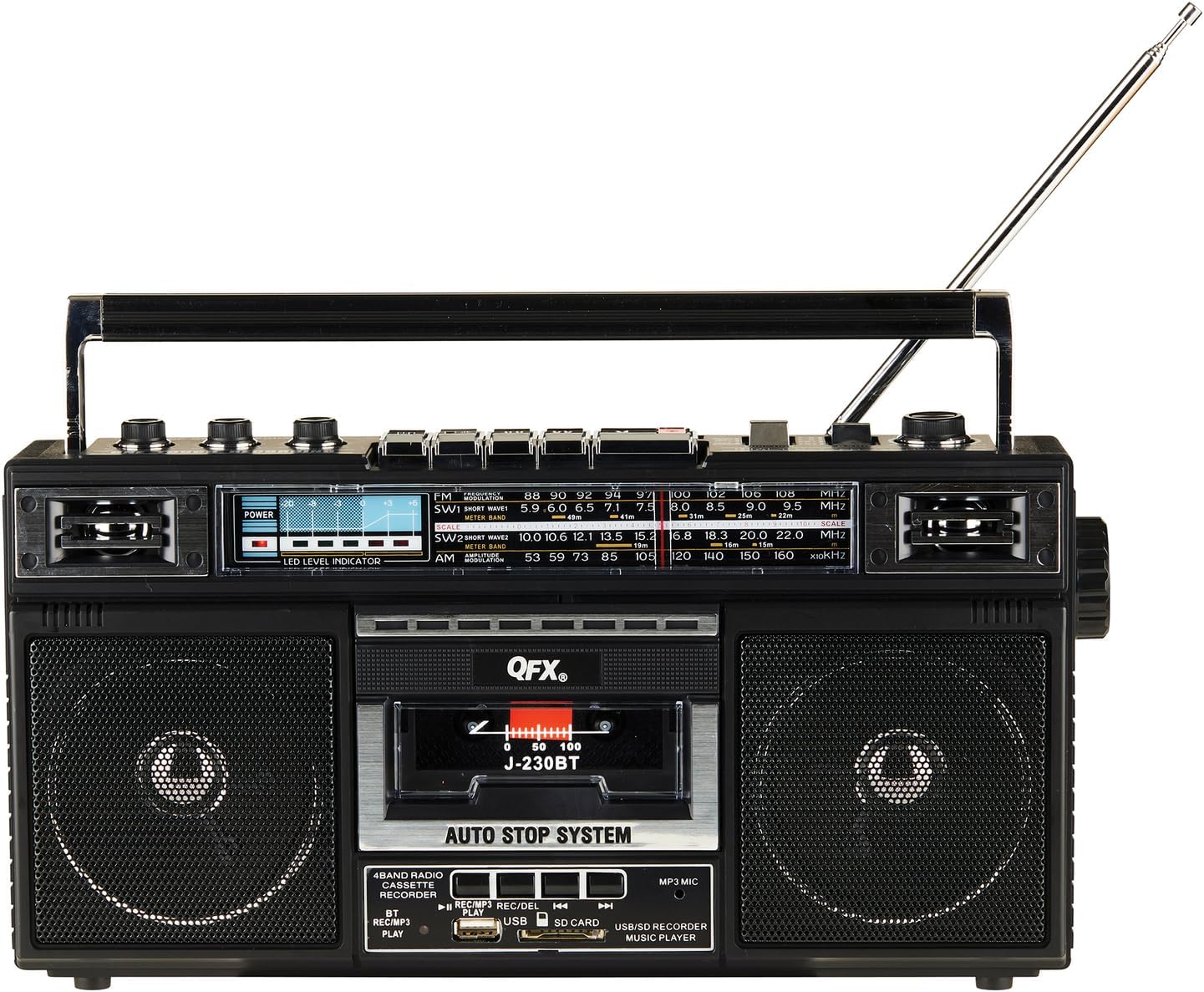 Bluetooth Cassette Boom Box | USB/SD Card AM/FM Radio with Recording & Built-in Mic