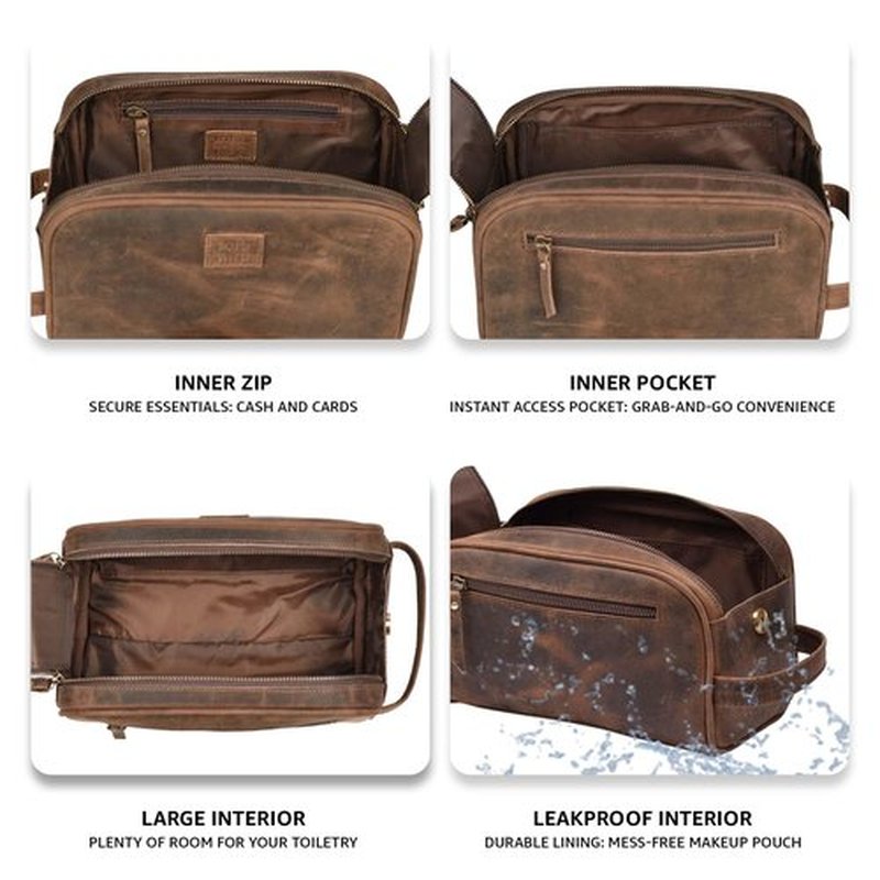 LEATHER VILLAGE Premium Leather Toiletry Travel Pouch With Waterproof Lining - Brown | King-Size Handcrafted Vintage Dopp Kit Bag