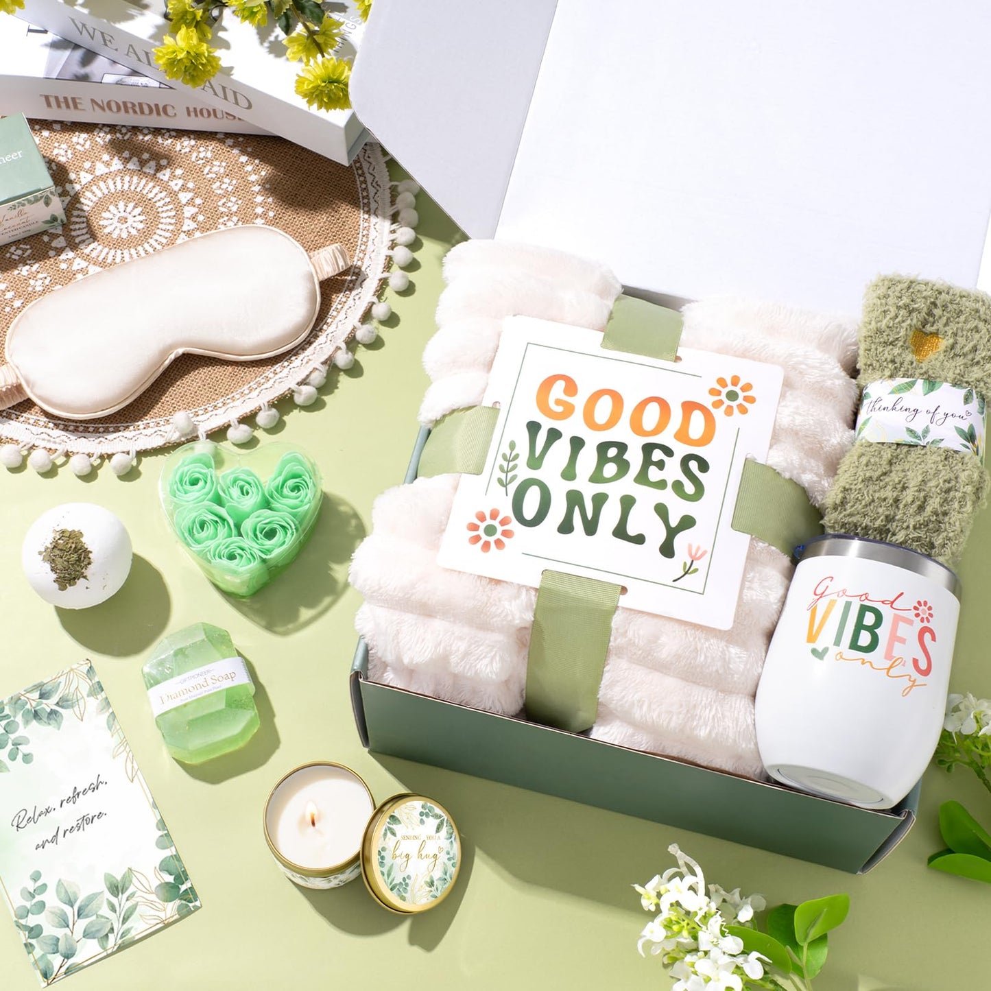 Self Care Gifts for Women, Get Well Soon Care Package for Women w/Blanket, Relaxing Spa Baskets Birthday Gifts for Mom Her Sister Best Friend Wife Girlfriend (White)
