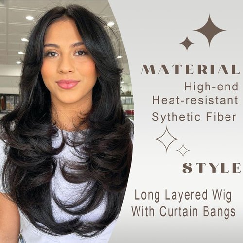 Jolelyne Silver Gray Ombre Wigs Layered Wavy Wig with Curtain Bangs for White Women Light Grey Body Wave Wig Natural Long Hair Wig for Women Synthetic Silver Highlight Gray Wig