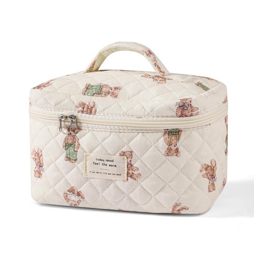 uekeboag Large Travel Quilted Makeup Bag for Women, Floral Cotton Cosmetic Bag, Coquette Aesthetic Floral Toiletry Organizer Bag (03White-Bear)