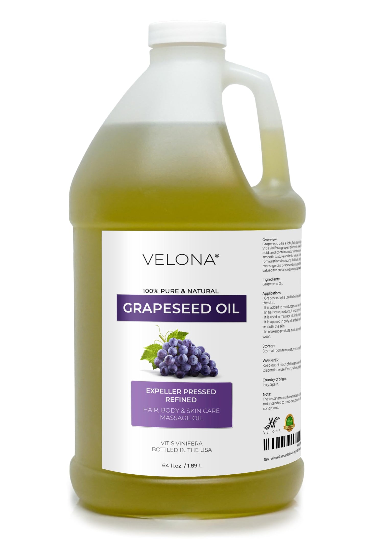 velona Grapeseed Oil 64 fl oz | 100% Pure and Natural Carrier Oil | Refined | Skin, Face, Body, Hair Care | Use Today - Enjoy Results