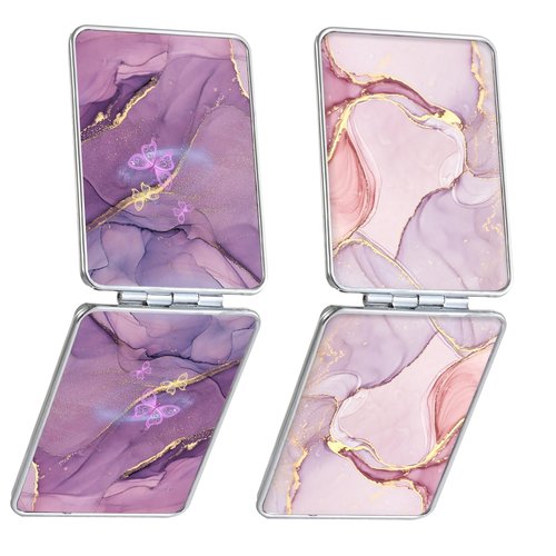 dcdcee Pocket Mirror, Small Travel Mirror with Magnification, Portable Double-Sided Magnifying Cosmetic Mirror for Daily (Pink + Purple Marble)