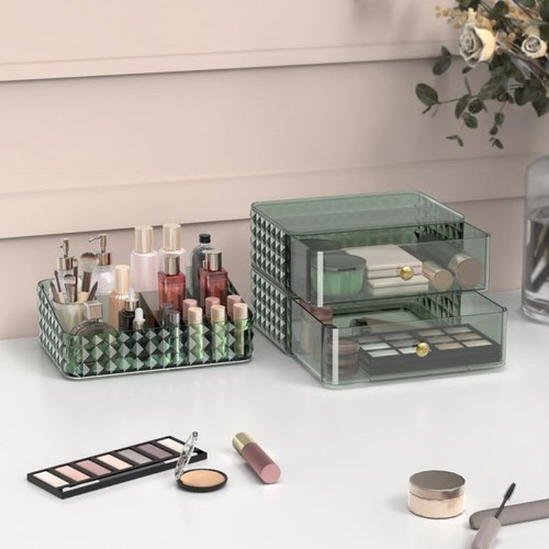 Rosoenvi Makeup Organizer for Vanity, Stackable Cosmetics Organizer and Storage, Cosmetic Display Cases with 2 Drawers and 1 Tray for Makeup Brush, Hair Accessories, Lipstick and Jewelry, Green