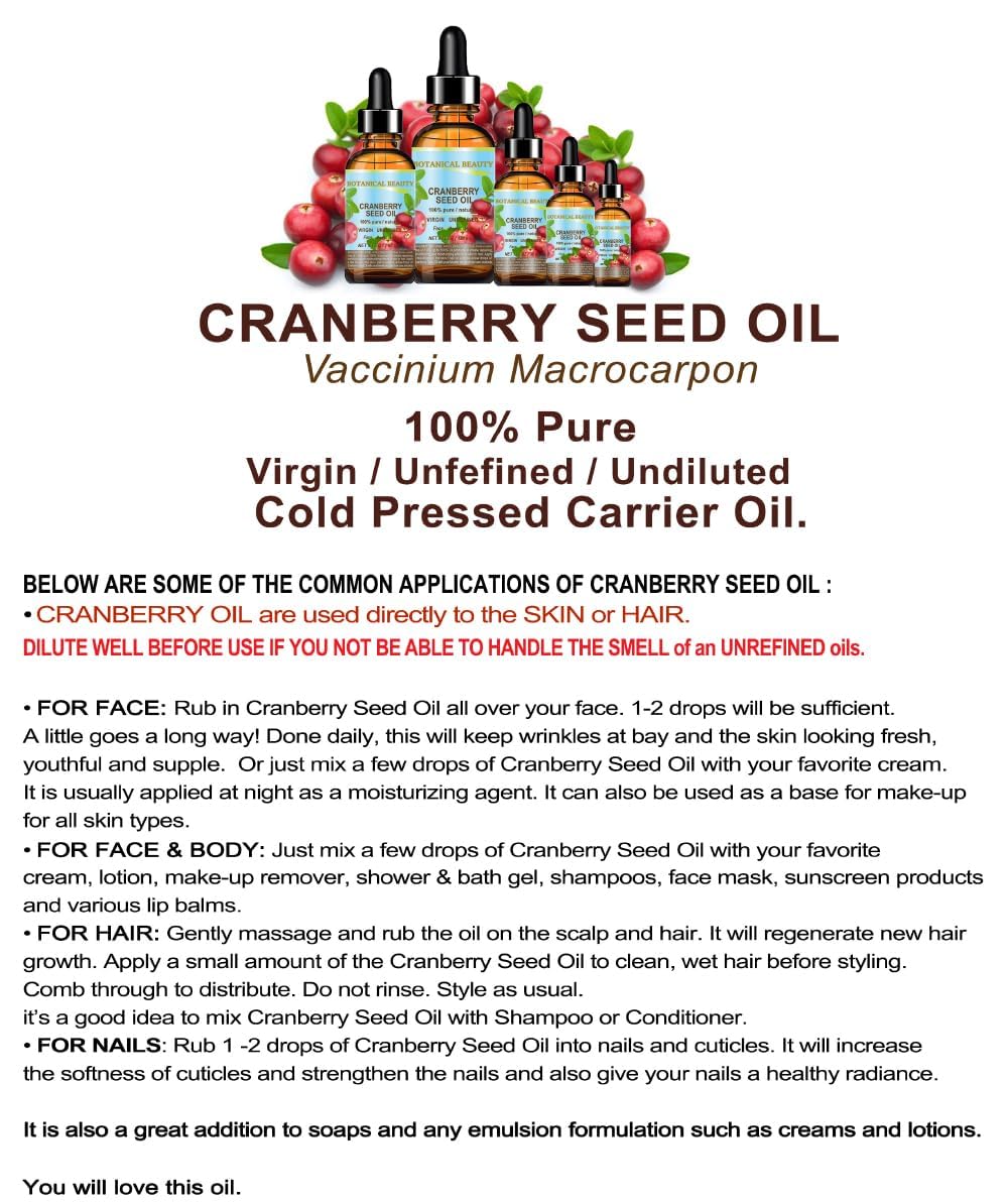 Botanical Beauty CRANBERRY SEED OIL 100% Pure Natural Unrefined Virgin Cold Pressed Carrier Oil 0.5 Fl Oz - 15 ml. for Face, Skin, Body, Hair, Lips, Nails, Anti - Aging Face Oil