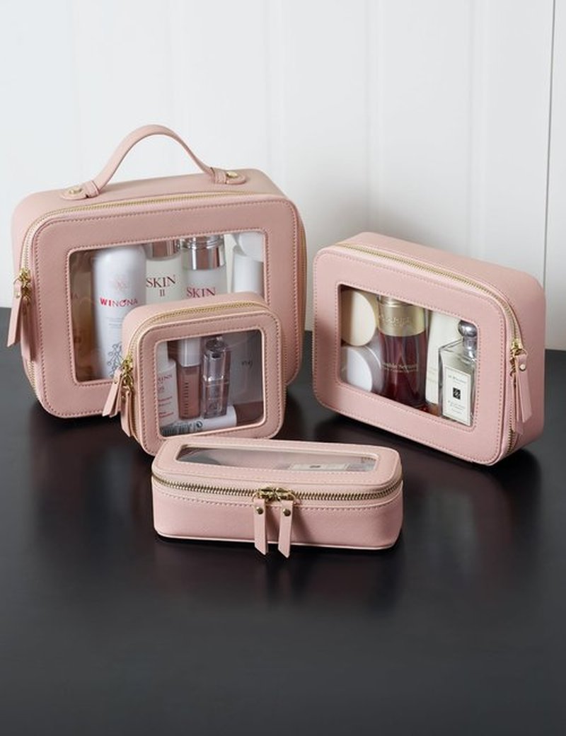 Small Makeup Bag for Purse Mini Cosmetic Bag Clear Pink Square Pouch for School Cute Leather Make Up Case Travel Organizer for Backpack Tiny Toiletry Bag with Zipper for Car Essentials Women Girls