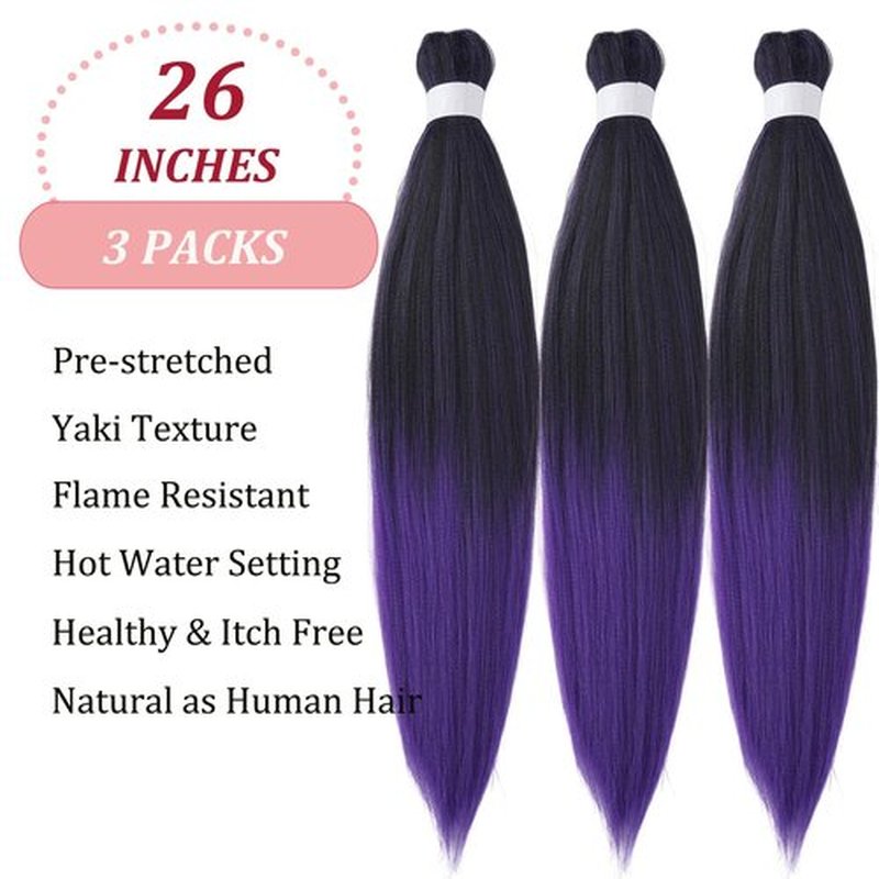 UPruyo 1b Purple Pre Stretched Braiding Hair Purple Ombre Braiding Hair Pre Stretched Synthetic Hair Extensions for Braiding Box Braids Yaki Knotless Hypoallergenic Prestretched Braiding Hair 26 inch