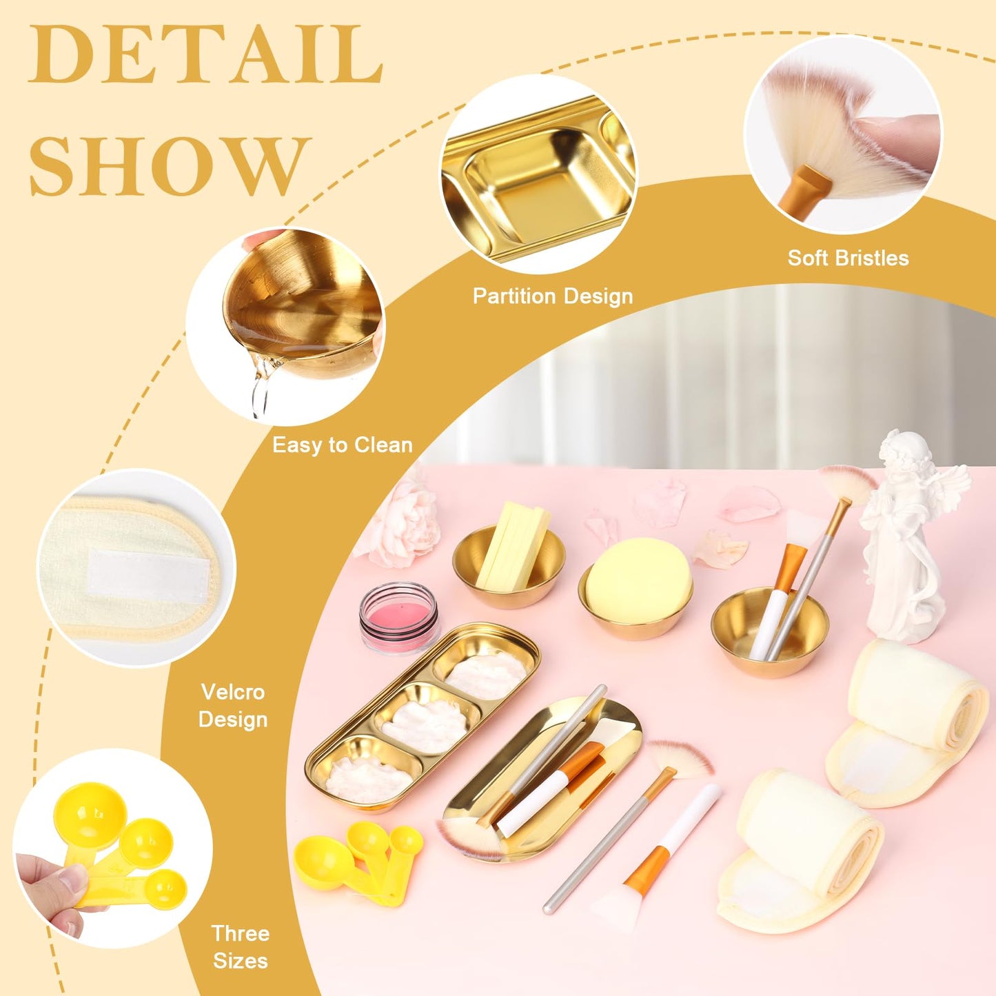 28 Gold Facial Supplies 3 Facial Mask Mixing Bowls 3 Facial Fan Brushes 3 Mask Applicator Brushes 3 Mask Measuring Spoons Skincare Tray 3-Compartment Serving Tray 12 Facial Sponges 2 Spa Headbands