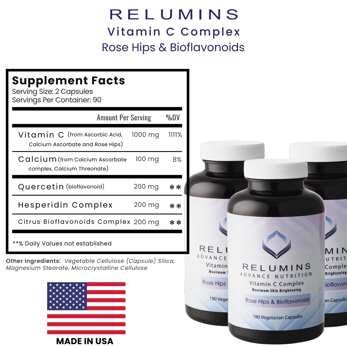Relumins Advanced Vitamin C Supplement with Rose HIPS - 1000mg of Vitamin C Immune Support & Collagen Production, Made in USA, for a Summer Glow Skin, 180 Capsules x 3 Bottles (9-Month Supply)