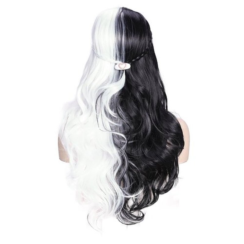 WIGER Half Black Half White Wigs for White Women Long Curly Wavy Wigs for Women Long Black and White Curly Wigs Middle Part Synthetic Wigs for Cosplay Halloween Party Wig