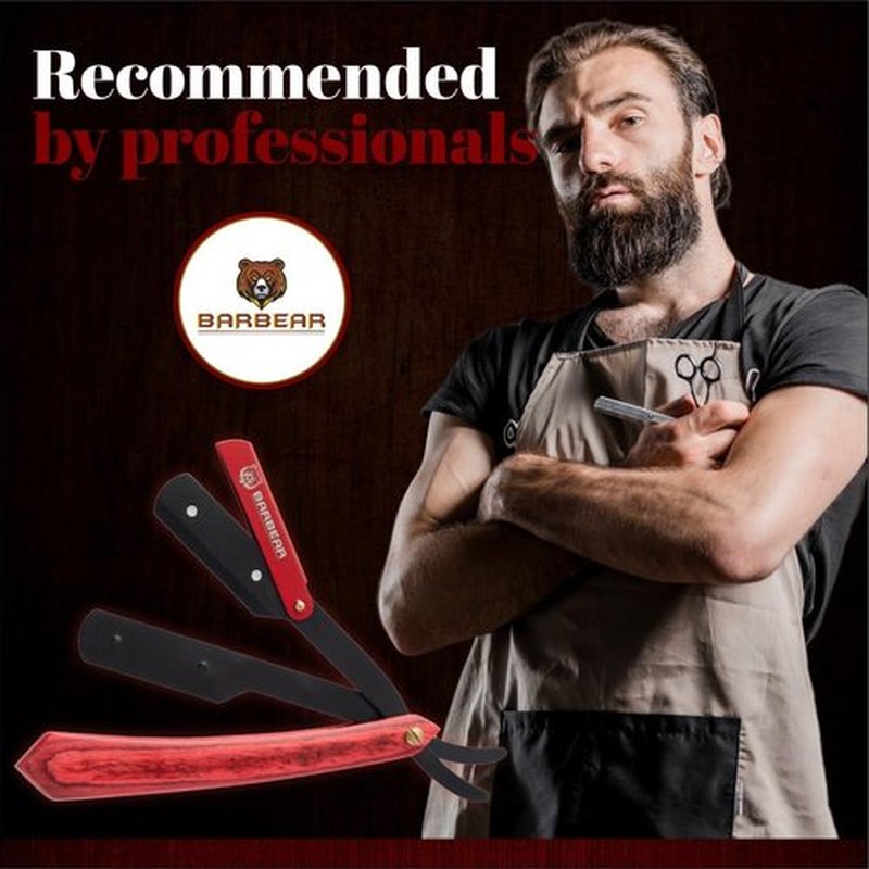 Barbear Professional Straight Razor for Men - Premium Steel Barber Edge Razor with 100 Blades for Close Shaving - Barber Accessories - Includes Leather Case - Black