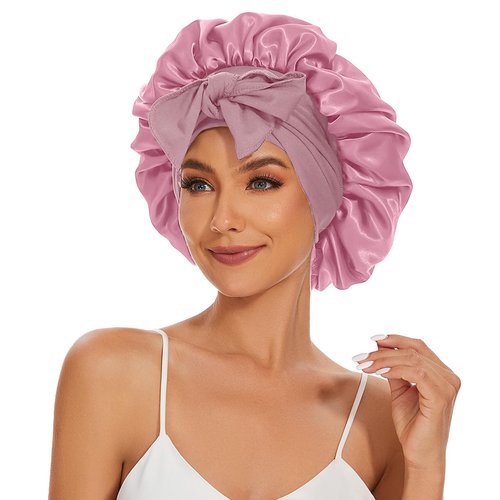Satin Silk Bonnet Hair Bonnet for Sleeping Jumbo Sleep Cap, Bonnet for Women Curly Hair, Double Layer Bonnet with Tie Band, Shower Cap-Pink