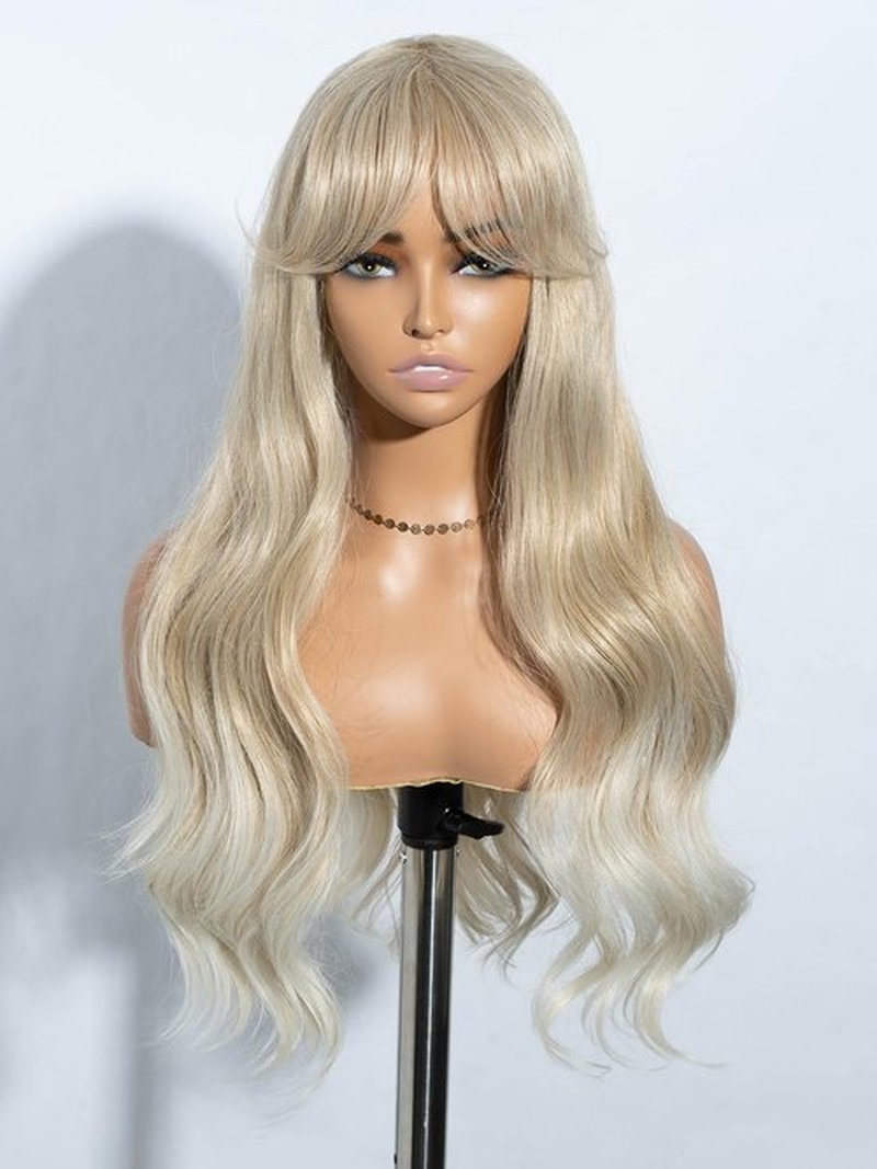 JOEDIR HAIR Blonde Wig with Bangs Long Wavy Wigs for Women with Curtain Bangs 26 Inch Synthetic Wig Halloween Costumes Cosplay Party Wigs