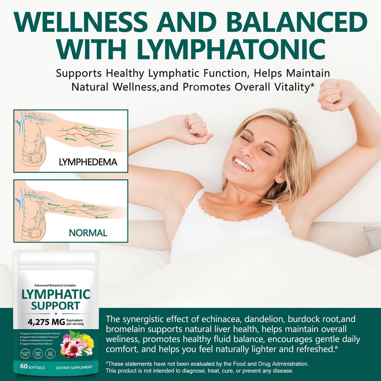 Lymphatic Drainage Supplements, 4275mg Herbal Blend for Immune and Fluid Health for Men Women,with Dandelion, Burdock Root, Echinacea, Turmeric, 60 Softgels for Lymph System Balance