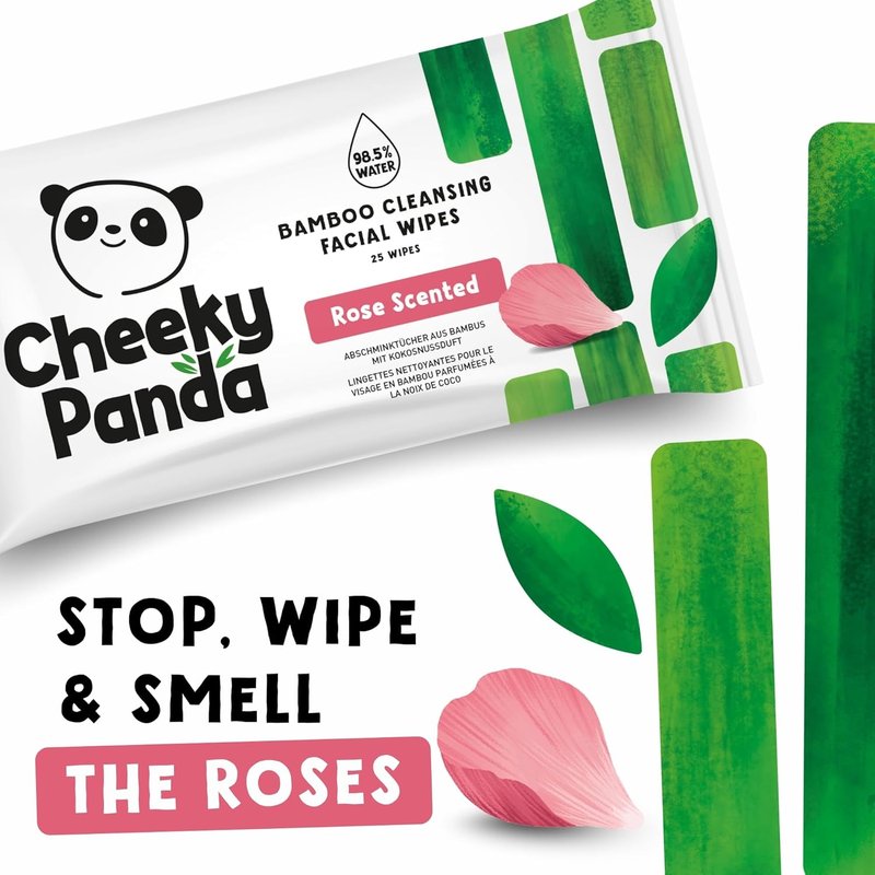 Cheeky Panda Face Cleansing Wipes - Biodegradable Rose Scented Makeup Remover | 24 Packs of 25 Flushable Wipes