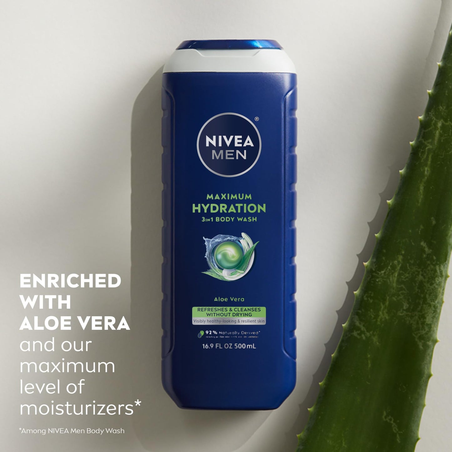 NIVEA MEN Maximum Hydration Body Wash for Dry Skin, Aloe Vera Enriched, 3-in-1 Moisturizing Body Wash, Face and Hair, Paraben Free, Vegan Formula, 16.9 Fl Oz Bottle