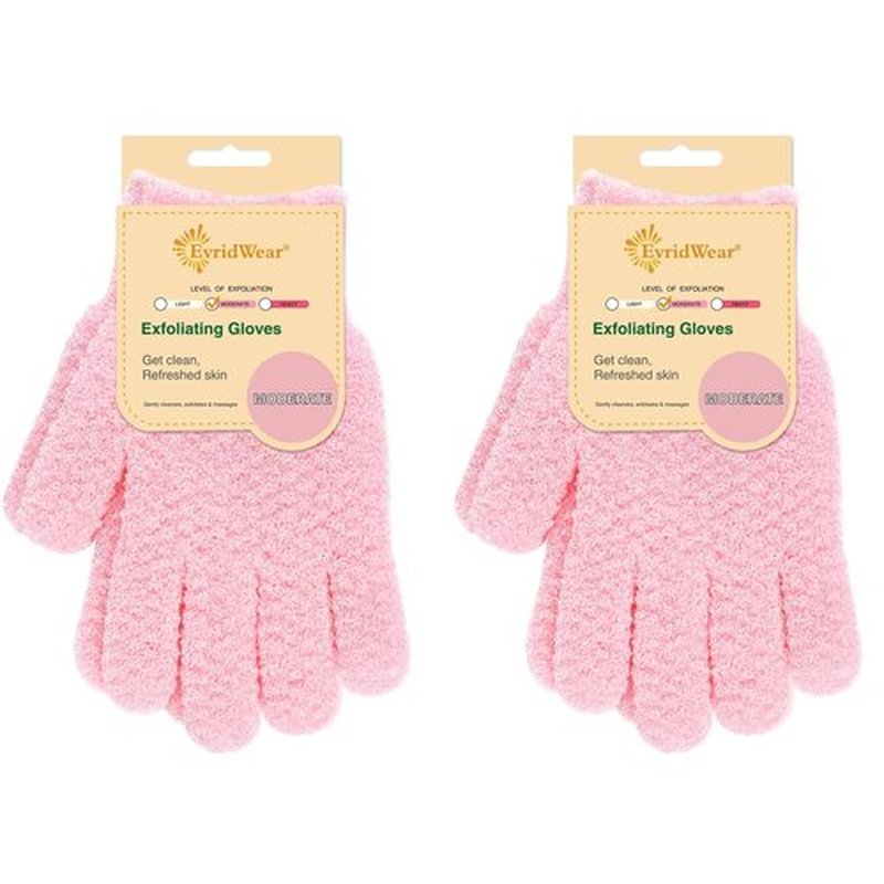 Evridwear Exfoliating Gloves for Shower, 100% Nylon Thick Soft Medium Heavy Bathing Gloves Dead Skin Remover Body Scrubber Smooth Skin with Hang Loop, 2 Pairs Moderate Pink