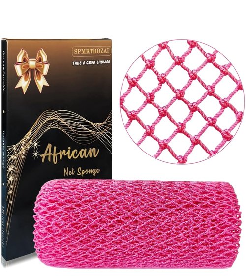SPMKTBOZAI African Net Sponge Authentic, African Exfoliating Sponge Real African Net Black Owned, African Bath Sponge Back Scrubber, Body Exfoliator Shower Bath Accessories (Pink)