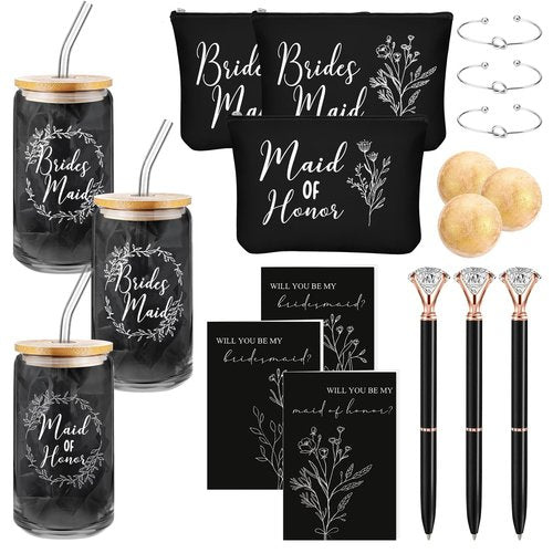 Skybooly 18 Pcs Bridesmaid Proposal Gifts Maid of Honor Gifts Including Brides Maid Glass Cup Makeup Bag Diamond Pen Bracelet Invited Cards for Wedding Party Favors(Black)