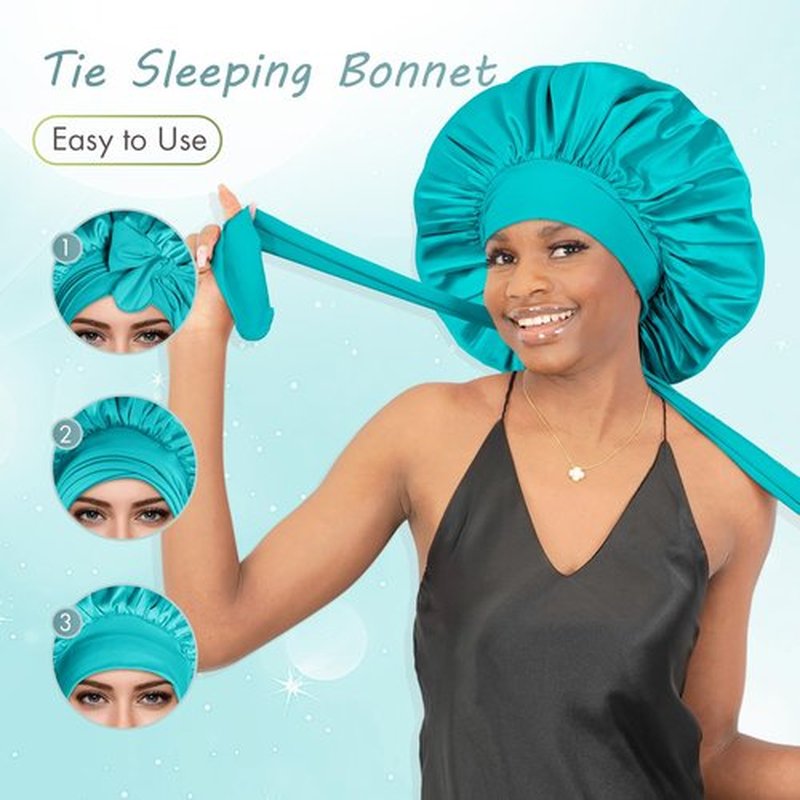 BONNET QUEEN Large Satin Bonnet Silk Bonnet for Sleeping Women Hair Bonnet Big Bonnet Night Sleep Cap Scarf Wrap for Curly Hair with Tie Band Aqua