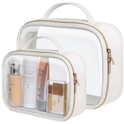 PACKISM TSA Approved Toiletry Bag - Glitter Textured Clear Toiletry Bag, Personalized and Fashion, with 180° Large Opening and Supporting Frame, Perfect for Travel Essentials, Thick No Smell, White