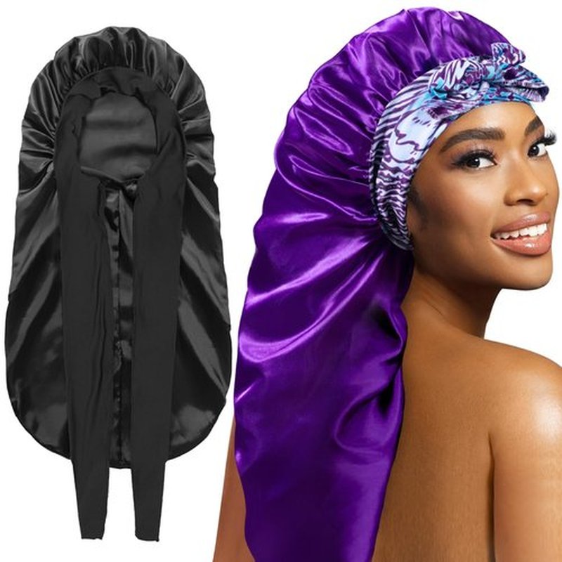 2Pack Bonnets for Black Women Braid Bonnet, Large Long Bonnet Satin Bonnet for Braids,Black Women Silk Bonnet with Stretchy Tie Band Braid Bonnet for Sleeping Extra Long (Black & Purple Pattern)
