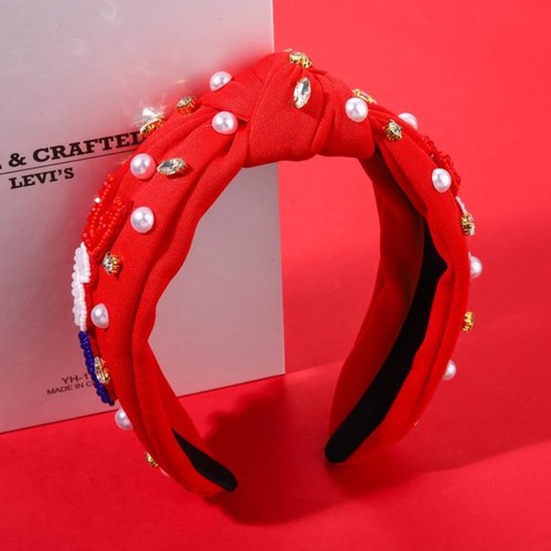 CEALXHENY Hairband, 4th of July Headbands for Women, 2PCS USA Patriotic Headbands, American Flag Accessories, Rhinestone Pearl Knotted Headbands Beads Embellished Jeweled Headbands Holiday Gifts