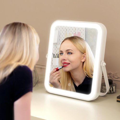 ROLOVE Home Mirror, 10x12 inches Lighted Vanity Makeup Mirror, Dimmable Touch Screen, Tabletop Mount, USB Plug-in, Adjustable, Portable
