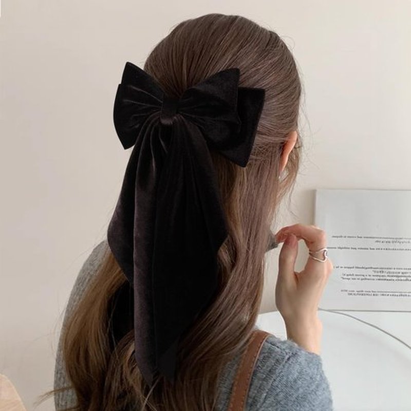 Fall Brown Velvet ribbon Hair Bow Barrettes for Women Girls Thick Hair Big Velvet Hair Bow Clips with Long Tail Her Winter outfit Dress Decoration Accessories