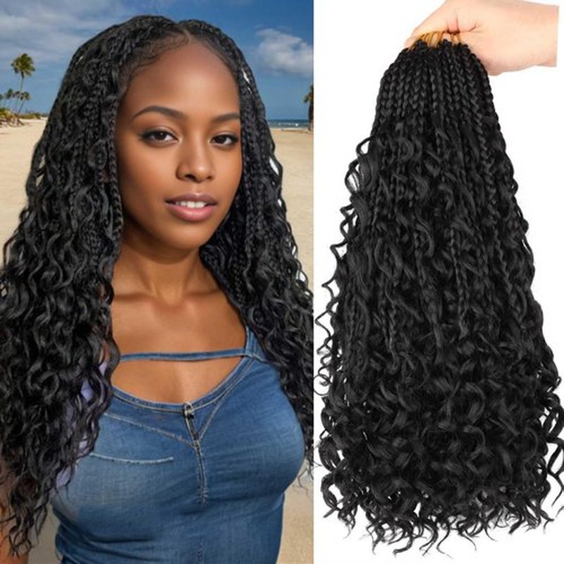 8 Packs Goddess Box Braids Crochet Hair 16 Inch Crochet Box Braids with Curly Ends Boho Bohemian Braids Crochet Braid Hair for Women (1B, 16 inch 8 pack)