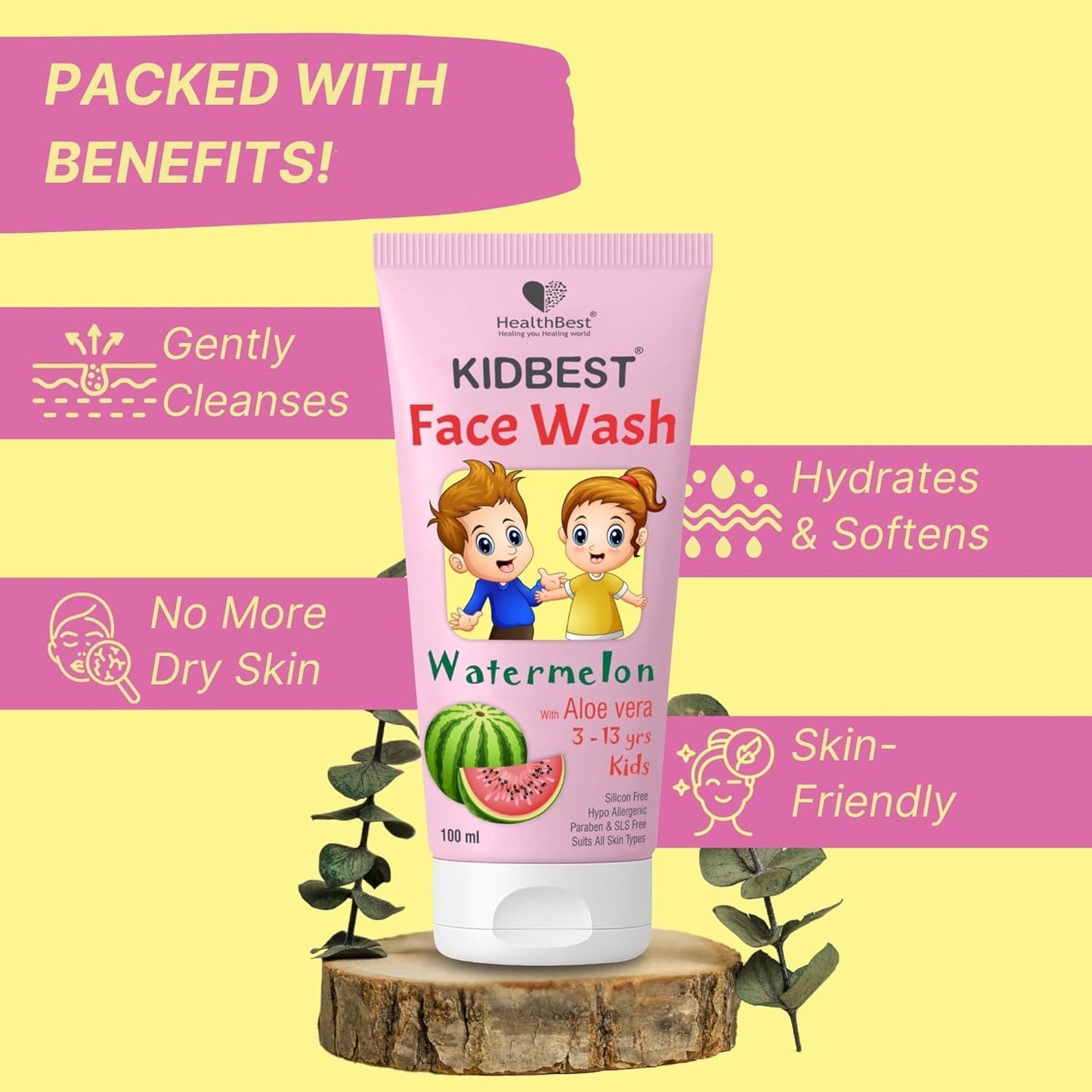 HealthBest Kids Tear-Free Daily Face Wash – Multivitamin-Enriched Skincare with Organic Watermelon – Safe, Gentle, and Fun for Sensitive Skin | Skincare for Kids| Trusted by Parents | 100ml,Pack of 1