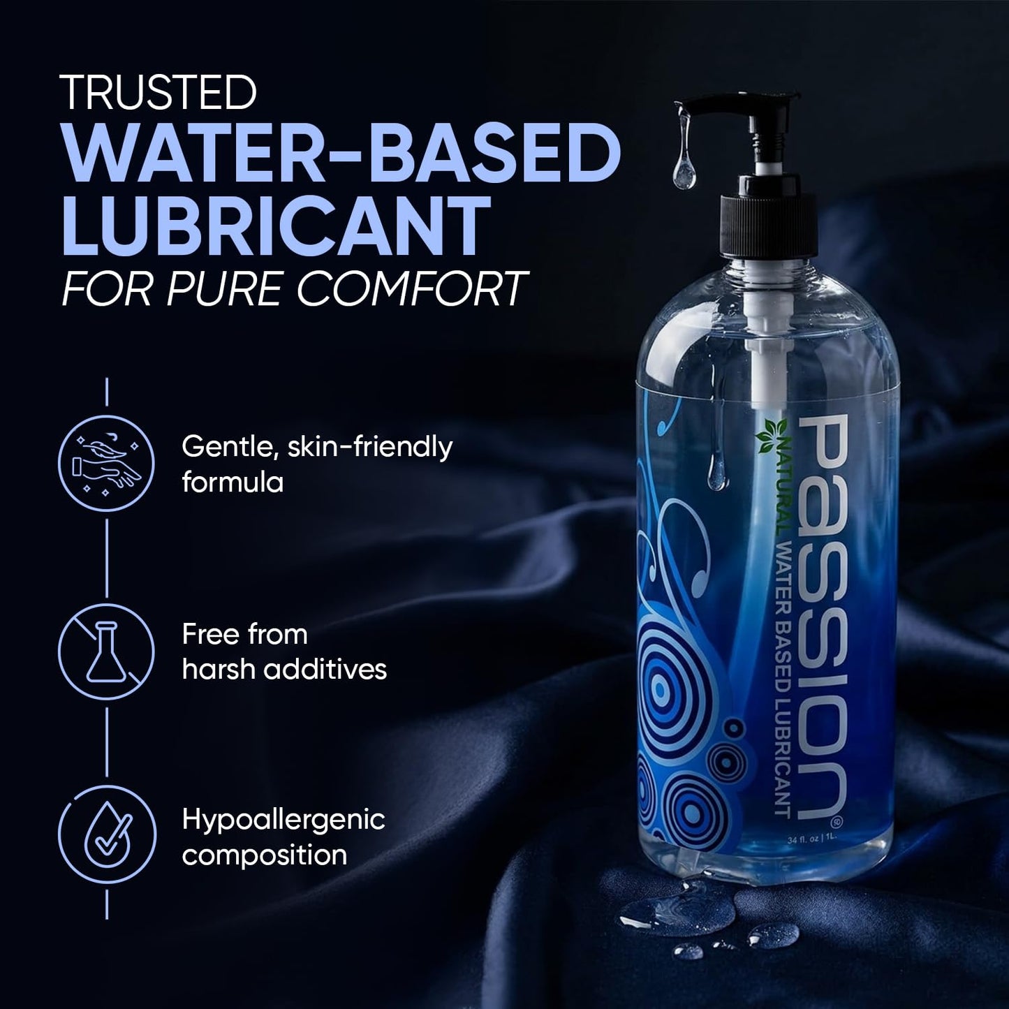 Passion Natural Water-Based Personal Lubricant Twin Pack, Premium, Non-Sticky, Easy-to-Clean Formula for Smooth, Comfortable Use - 34 Fl Oz (Pack of Two)