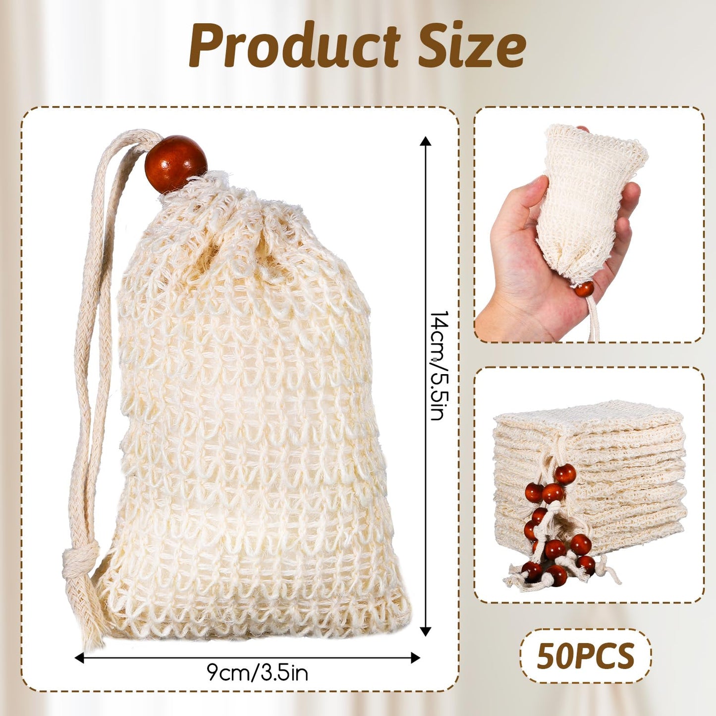 50 Pack Soap Saver Bags, Natural Cotton Linen Mesh Soap Bag with Drawstring for Exfoliating, Foaming, and Drying, Bar Pouch for Bath and Shower Use (3.5x5.5 Inch)