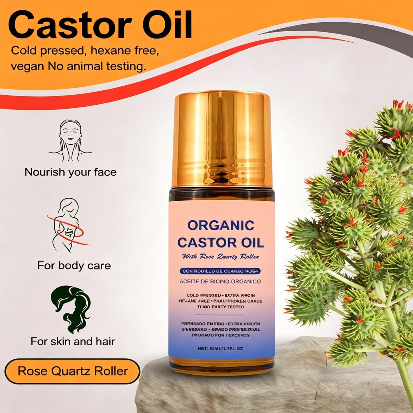 VOKOZK Organic Golden Castor Oil Roll-On with Rose Quartz Roller Ball - Hexane Free, 100% Pure Cold Pressed Glass Bottle, Moisturizing Skin for Lashes, Brows, Skin, Hair, 1.7 Fl Oz (1PCS)