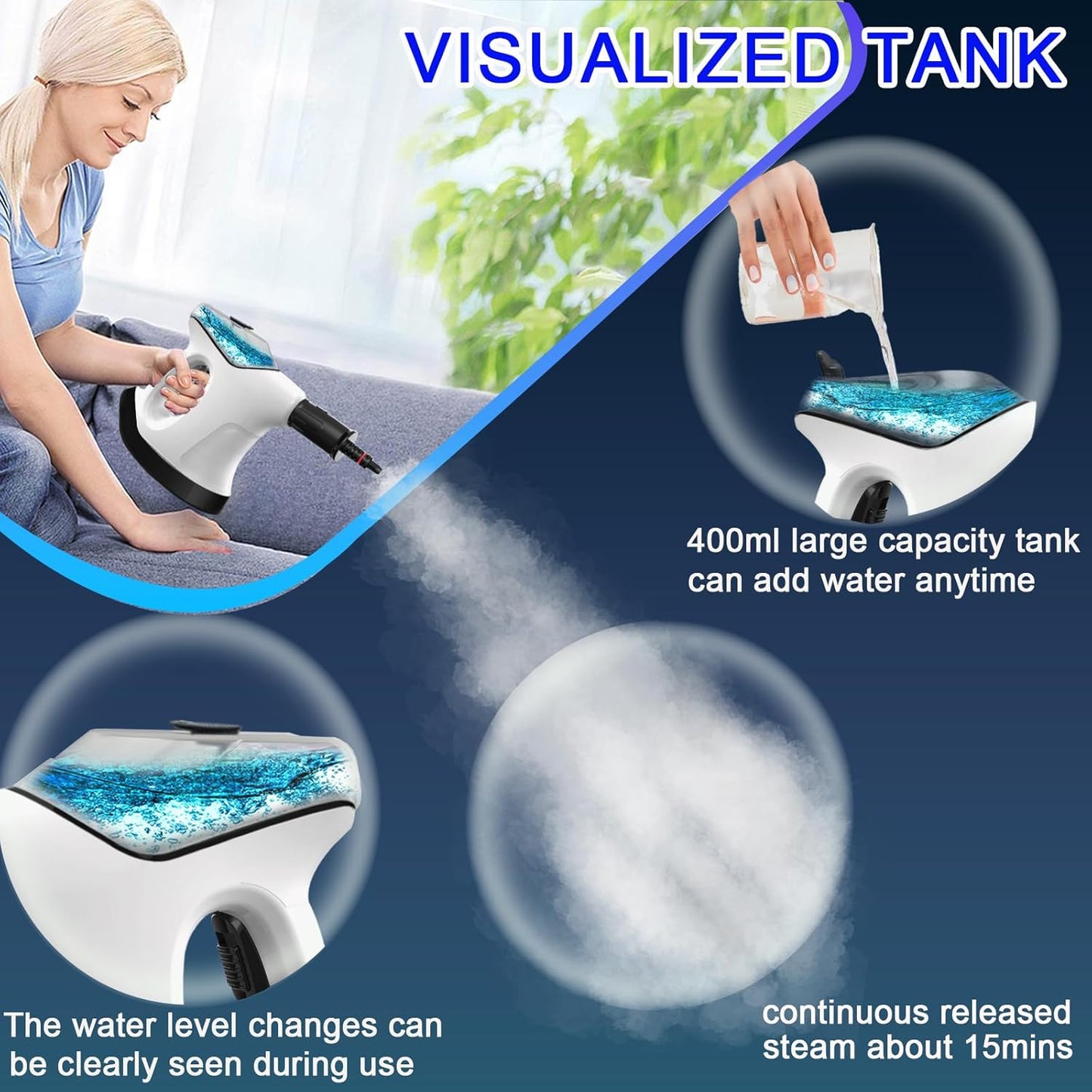 Handheld Steam Cleaner - 10S Quick Heat, Large Water Tank & 9 Accessories | Multi-Surface Use for Home, Kitchen & Car (White/Black)