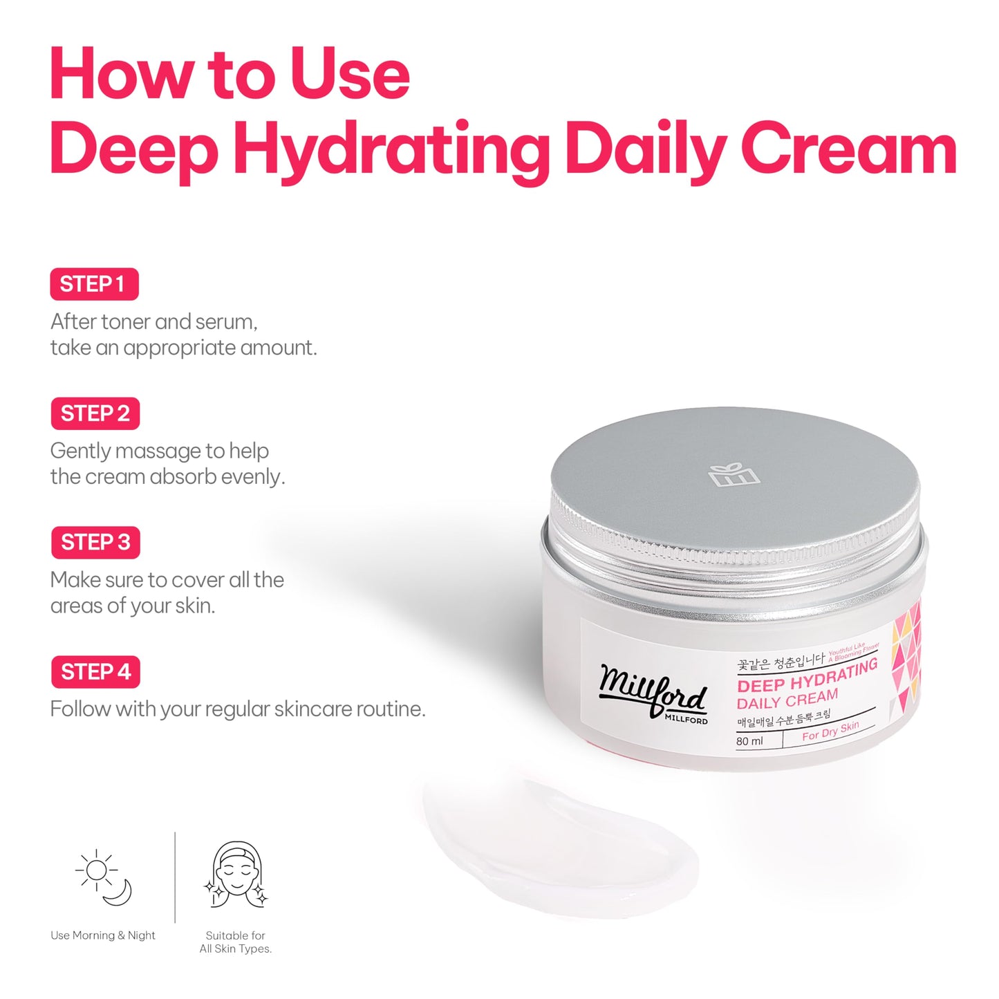 Millford Deep Hydrating Daily Cream 80ml/2.7 fl.oz - Moisturizing Face Cream with Panthenol 10%, Hyaluronic Acid for Dry Skin, Soothing Barrier Care & Long-Lasting Moisture, Korean Skincare