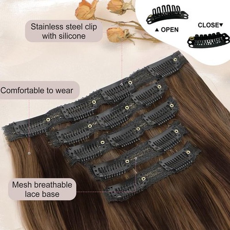 ALXNAN Clip in Hair Extensions, Hair Extensions Thick Long Stright Layered Hair Extensions Medium Brown Mix Caramel Brown 20 Inch Soft Lace Weft Hair Extensions for Women