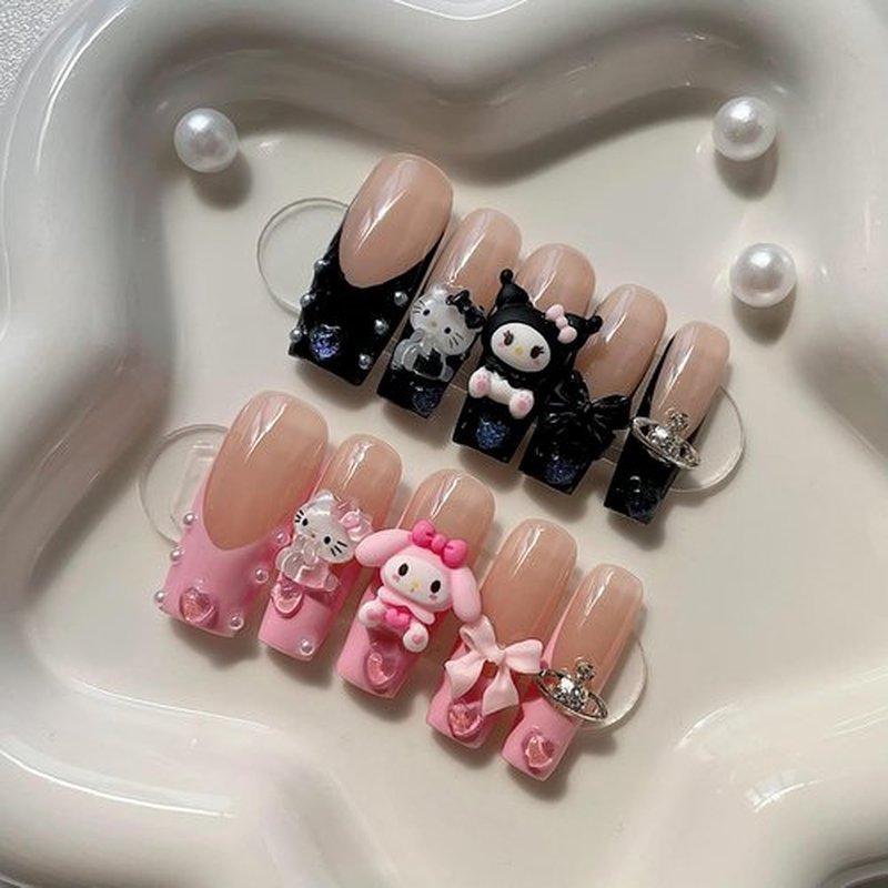 GlimightyX Luxury Cute Kawaii Press on Nails,3D Handmade Pink Black French Tip Long Tapered Square Gel Press on Nails, Reusable Stick on Nails, 10 Nails Size M, Sweet Innocence